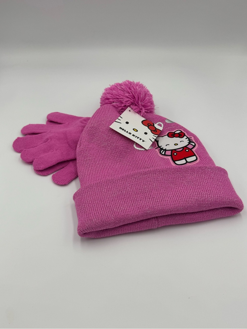 Hello Kitty Kids Pink Pom Beanie and Gloves Set NWT